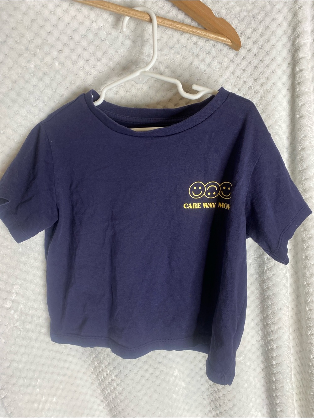 Bixby Nomad Navy Cropped Tee with Yellow Smile Graphics